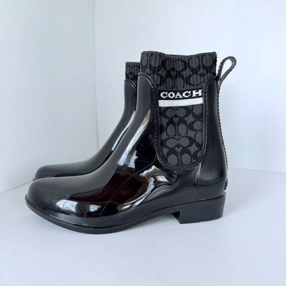 NWOB COACH Rivington Signature Knit Waterproof Chelsea Rain Boot in Black Size 5 - Picture 9 of 13